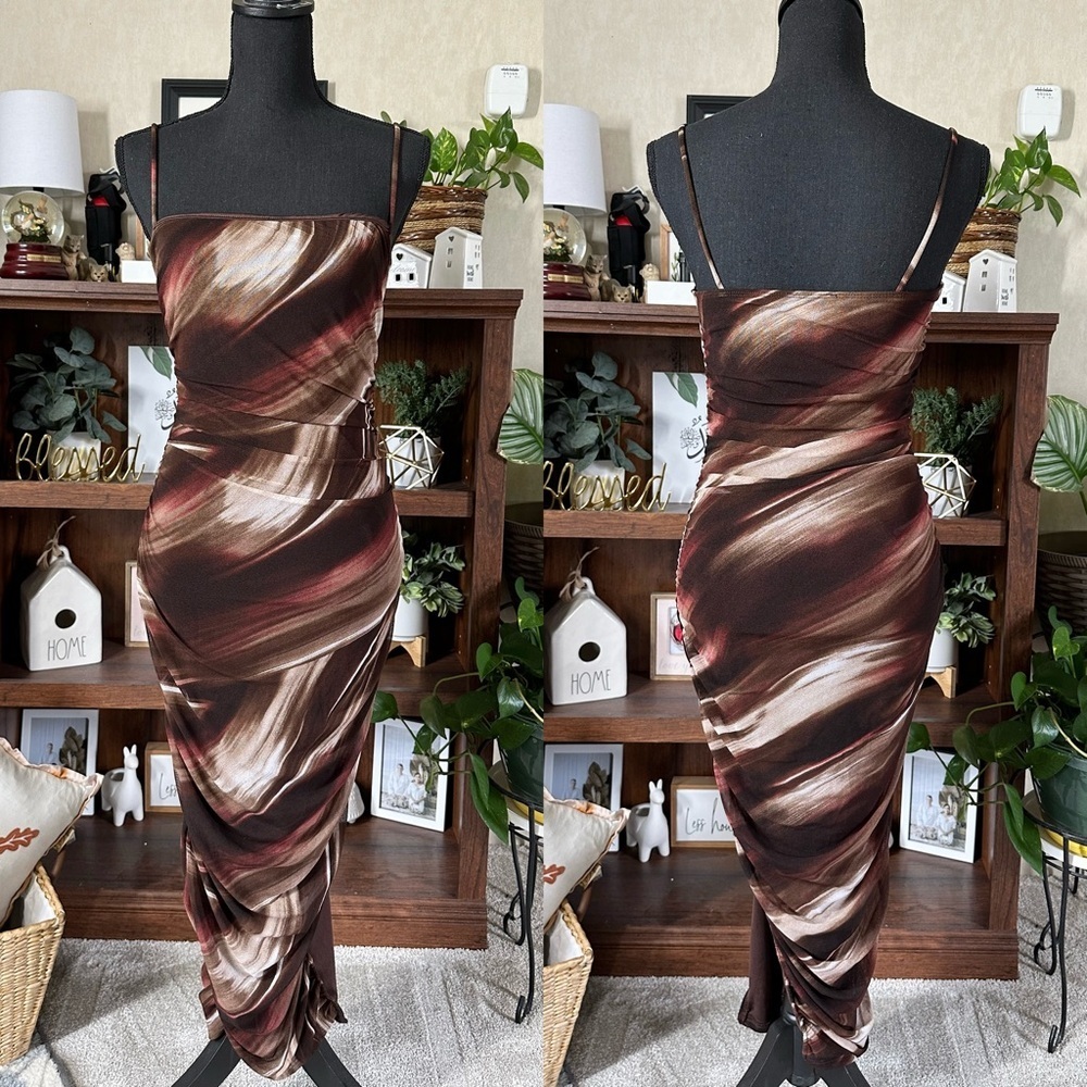 Lovely Day Women’s Ruched Mesh Sleeveless Midi Slit Dress in Brown Tie Dye M